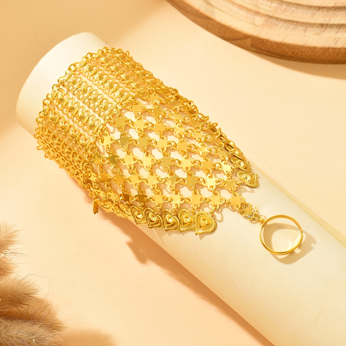 Heart-Shaped Tassel Ethnic Bracelet with Golden Detailing